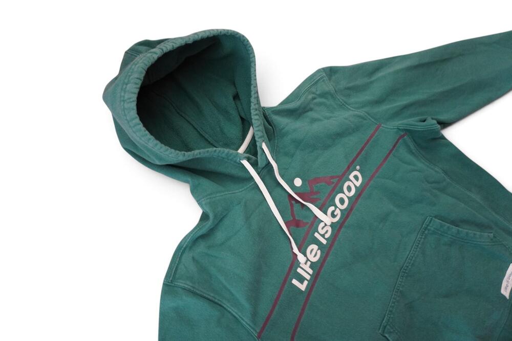 Life Is Good Hoodie Mens Large Green Mountain Graphic Fleece Pullover Hiking